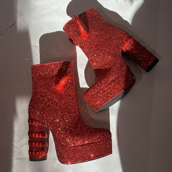 Dolls Kill Trickz N Treatz platform devil horn glitter boots  red size 8 women’s - Picture 1 of 10
